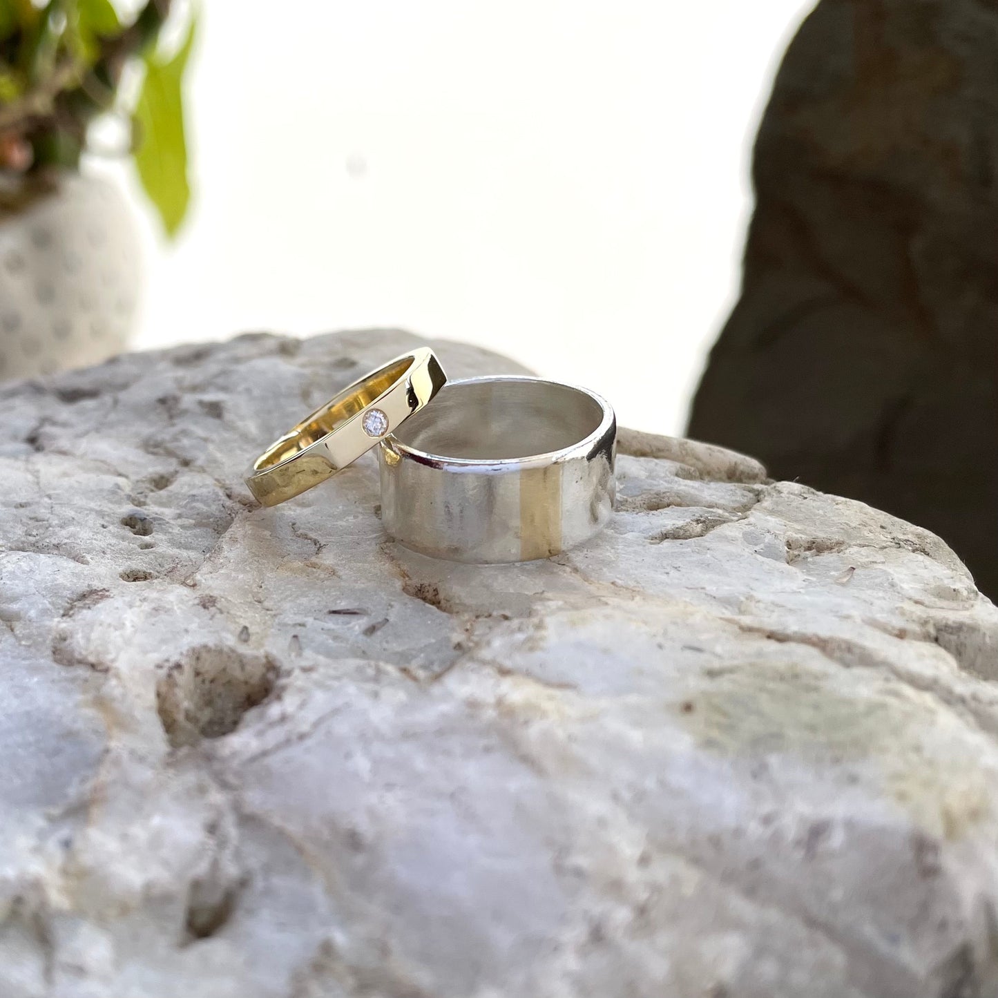 Argollas Personalizadas en  Oro + Diamante + Plata